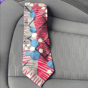 Screenplay Tie  by Martin Wong   Red Tie , Blue & Cream Geometric Dots